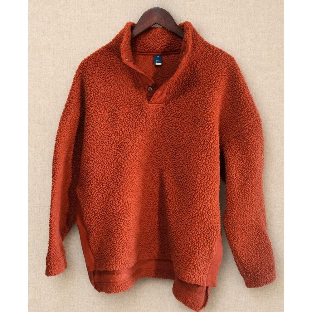 Old Navy Active Womens Size M Orange Sherpa Pullover 1/4 Button Long Sleeve